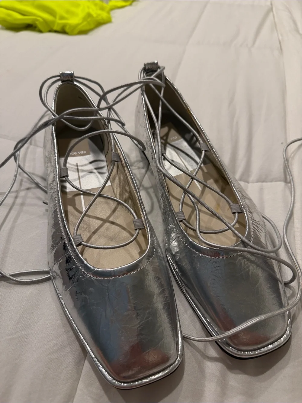Metallic Silver Lace-Up Ballet Flats